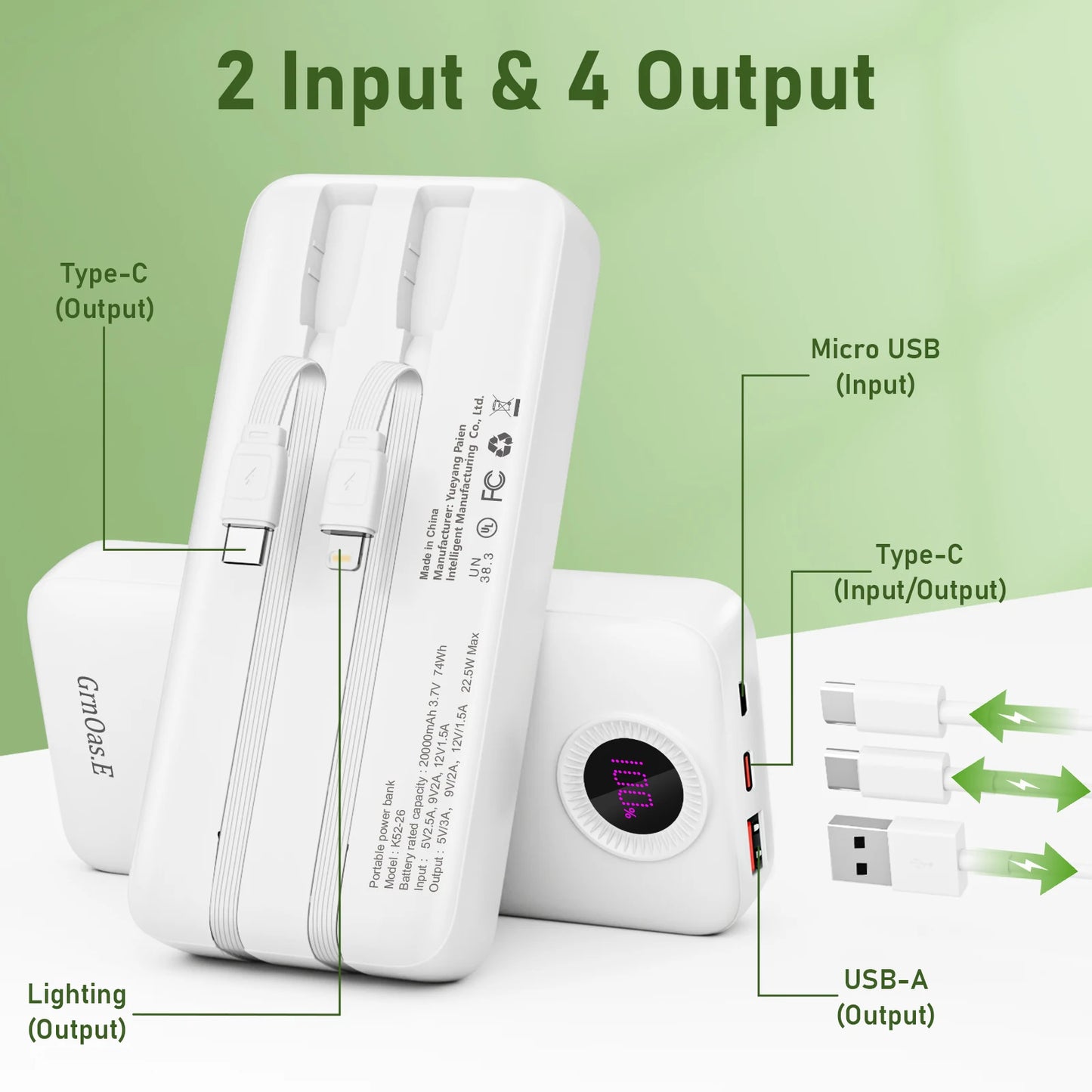 20000mAh Portable Fast   Charger 22.5W 5 outputs 2 inputs compatible with iPhone 16/15 Pro/Pro Max Samsung