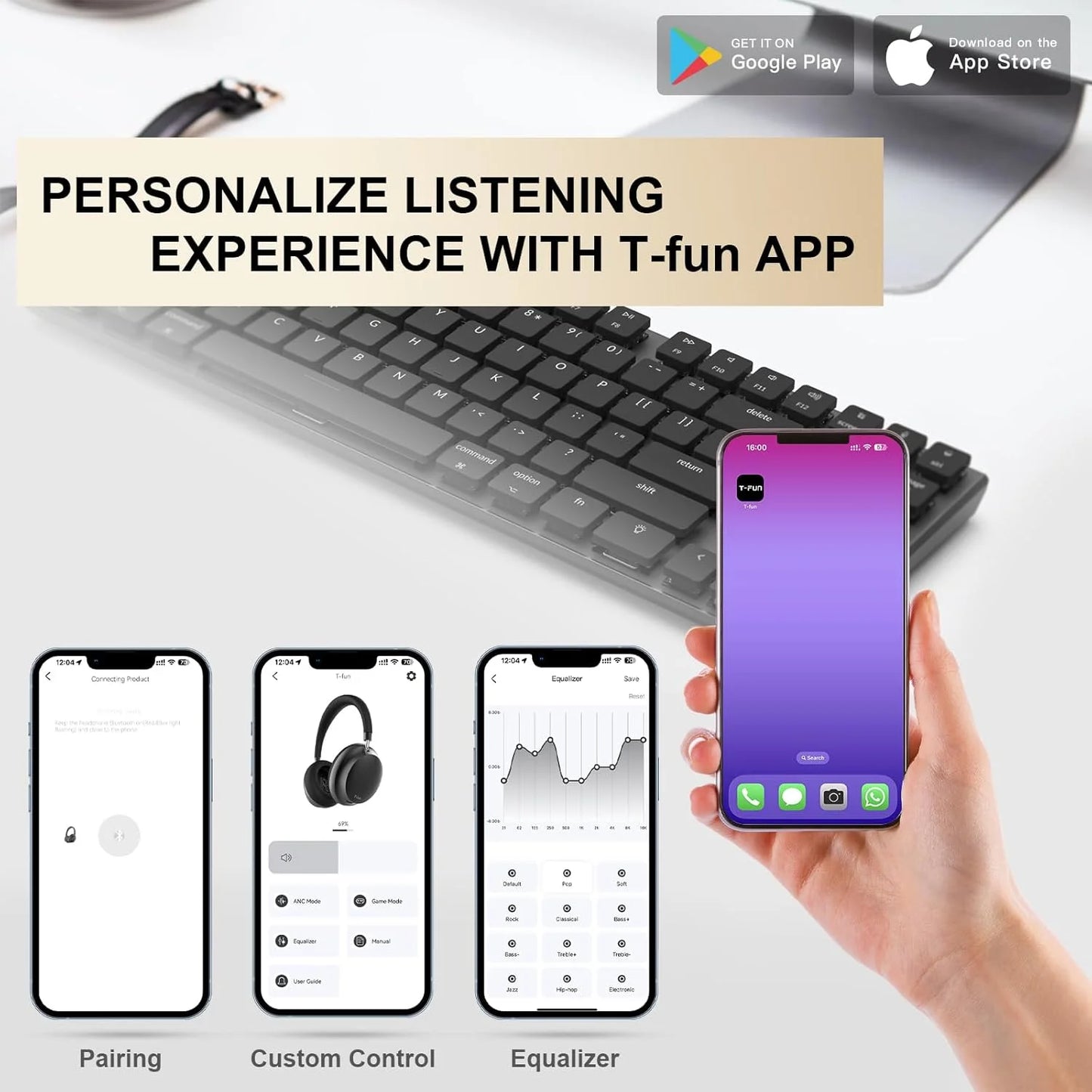 APP T-fun NC45 Bluetooth Active Noise Cancelling Headphones, Comfortable Wireless Over Ear with Mic, Hi-Res Audio,