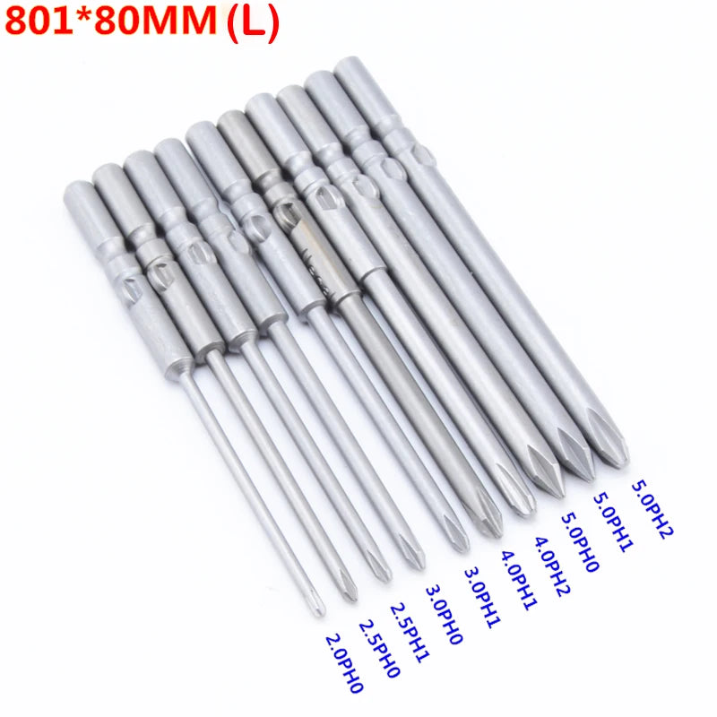 10pcs/lot 801 5mm Round Shank Magnetic Phillips Cross Screwdriver Bits Electric  bits PH0 PH1 PH2 80mm Full Length