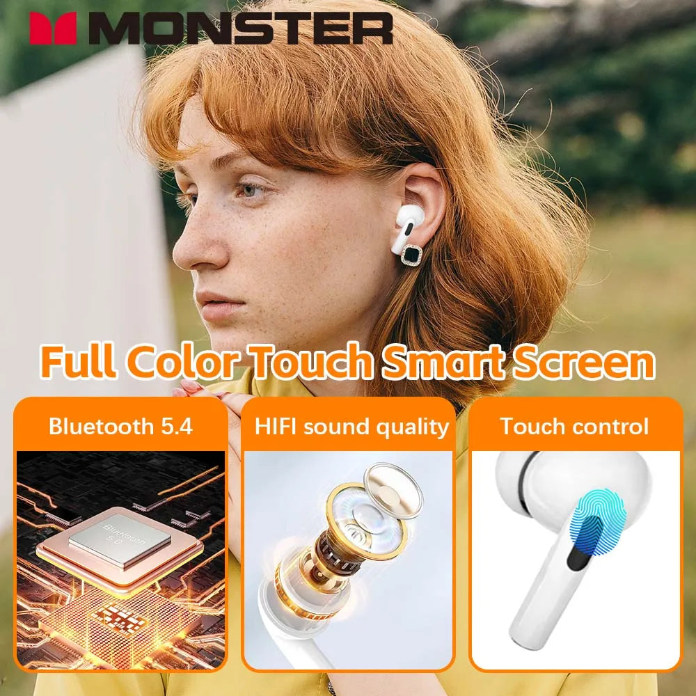 MONSTER Wireless Bluetooth 5.3 Earphones LCD Touch Screen Headphones ANC Noise Reduction Headset Built In HD Mic  Music Earbuds