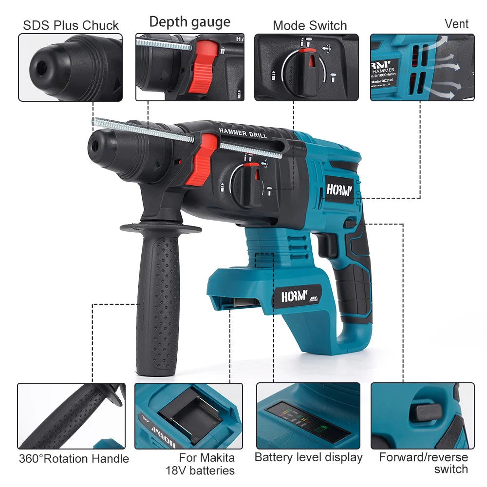 Brushless Electric Hammer Cordless Impact Drill Multi-function Rotary Hammer Concrete Electric Pick For Makita 18V Battery