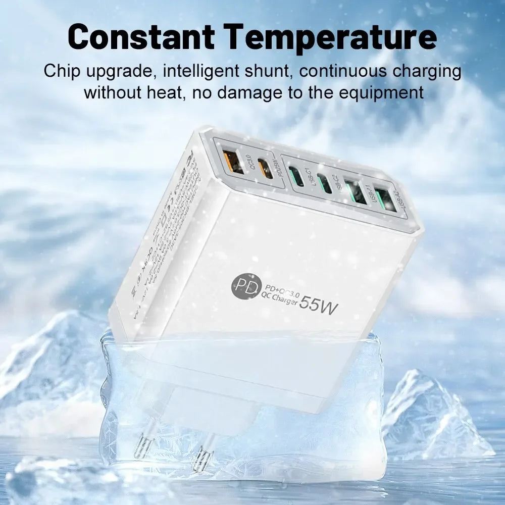55W PD USB Charger 6 Ports Fast Charging Travel For iPhone Samsung Huawei Xiaomi Mobile Phone Quick 3.0