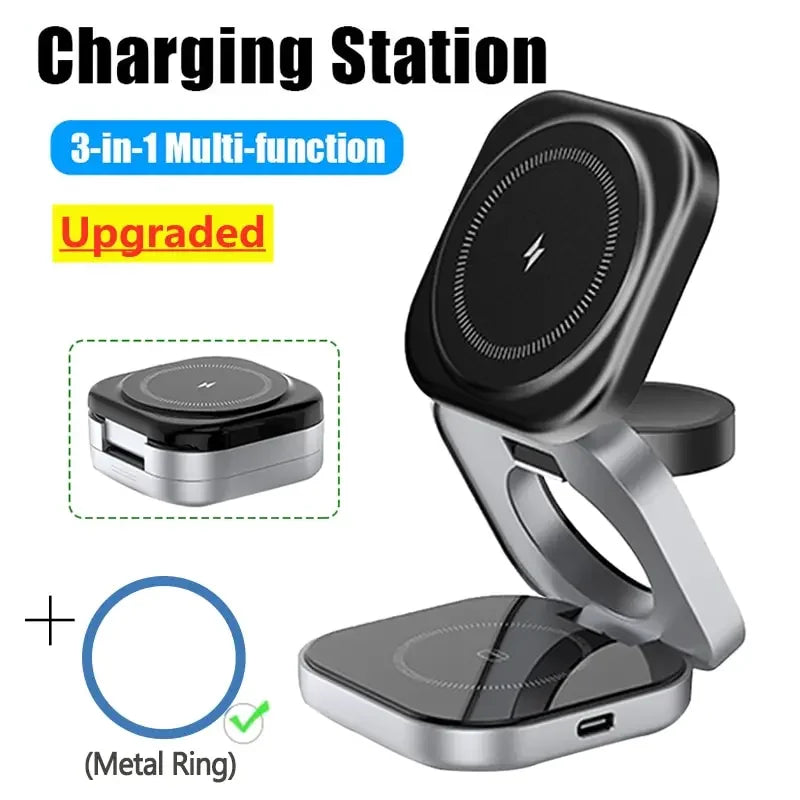 3 In 1 Foldable Magnetic Wireless Charger Stand For iPhone 16 15 14 Samsung IWatch AirPods 3/2 Station Dock Fast Charging Holder