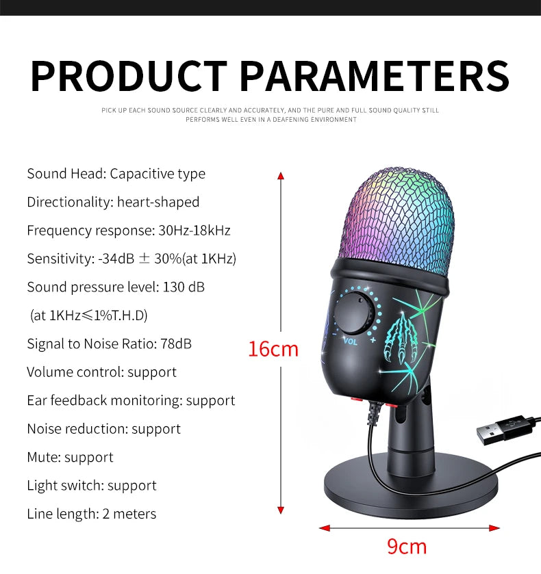 Gaming USB Condenser Microphone for PC – Podcast & Studio Recording with LED, Noise Cancellation, Headphone Jack