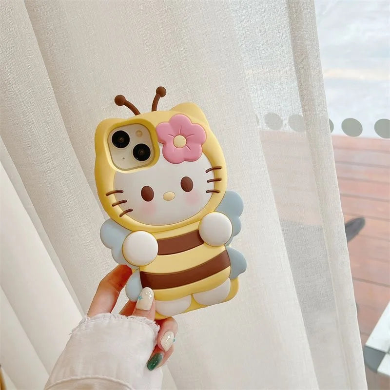 For iPhone 16 Pro Max 11 12 13 Mini 14 15 Plus X XS XR 7 8 SE 2020 Cute Bee Hello Kitty 3D Cartoon Silicone Phone Case Cover