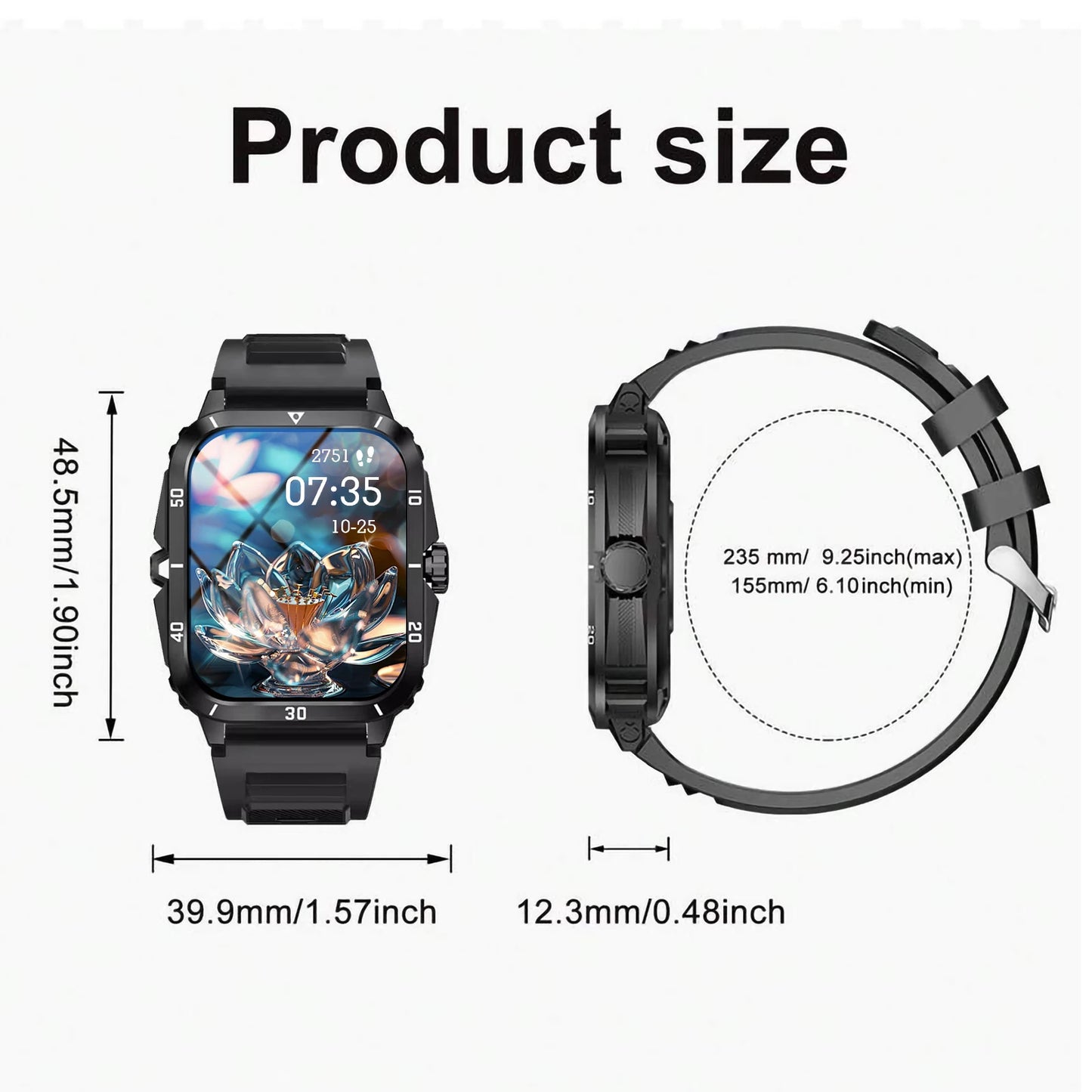2.01 Inch Full Touch Screen Smart Watch, Wireless Calls, Message Reminders, Weather Forecast, Suitable for iPhone/Android Phones