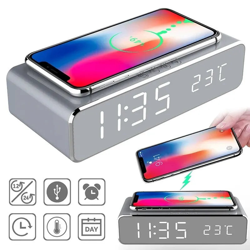 Wireless Charger Time Alarm Clock LED Digital Thermometer Chargers Fast Charging Dock Station for iPhone Samsung