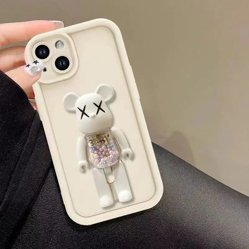 Cute 3D Bear Bracket TPU Phone Case for iPhone 16 15 14 13 12 11 Pro Max XR XS X 8 7 Plus Silicone Shockproof Matte