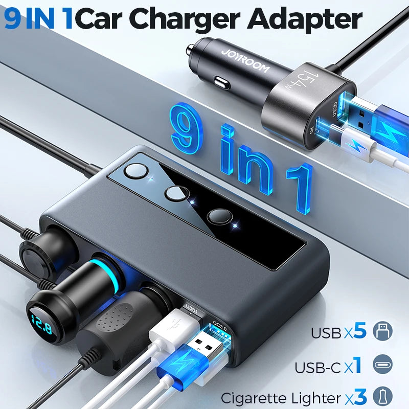 Joyroom 154W 9 in 1 Car Charger Adapter Charge Independent Switches DC Cigarette Outlet PD 3 Socket Cigarette Lighter Splitter