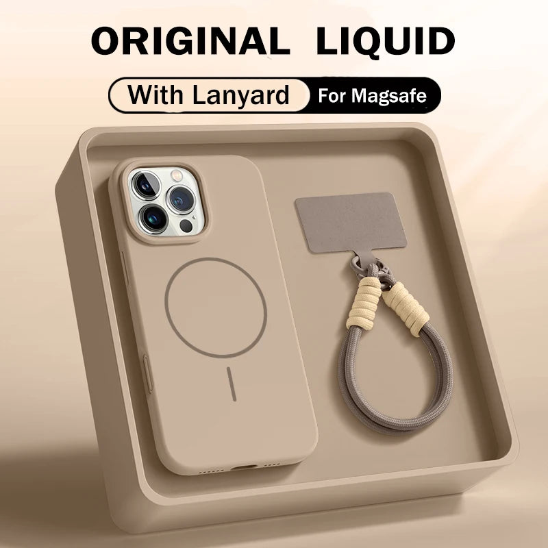 Luxury For Magsafe Magnetic Case For iPhone 15 14 16 Plus 11 12 13 Pro Max 16E Original Liquid Silicone Lanyard Strap Soft