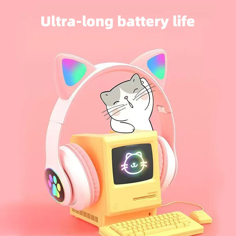 P47M Wireless Headphone Flash Light Cute Cat Bluetooth with Mic Control LED Stereo Music Helmet Phone Bluetooth