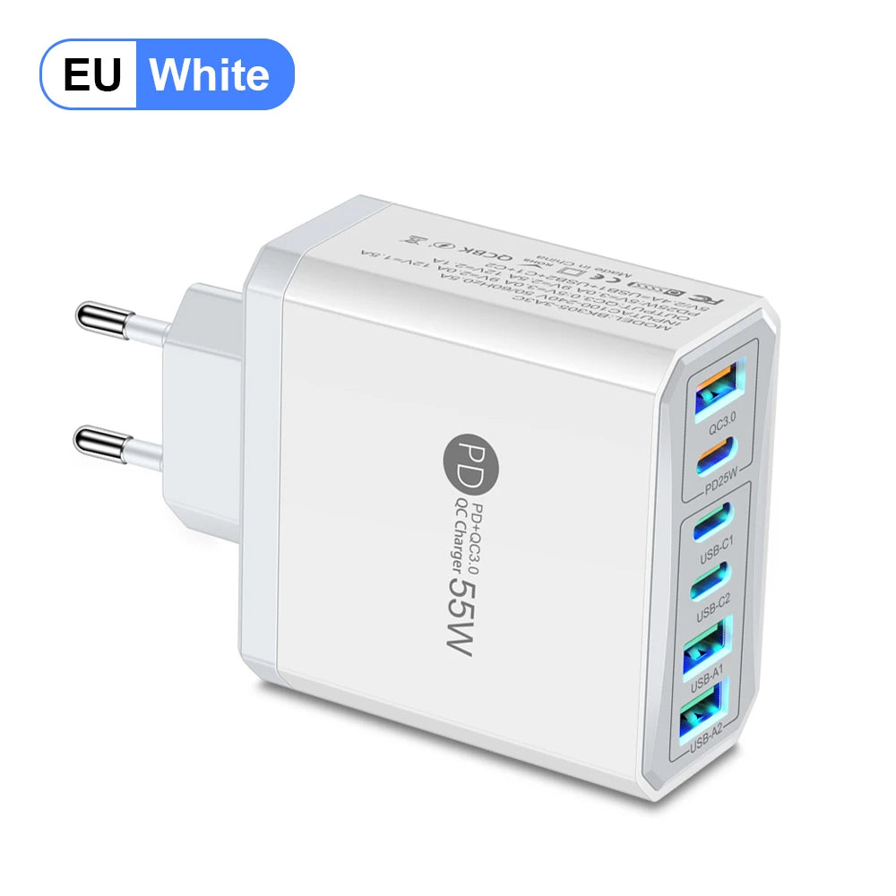 55W PD USB Charger 6 Ports Fast Charging Travel For iPhone Samsung Huawei Xiaomi Mobile Phone Quick 3.0