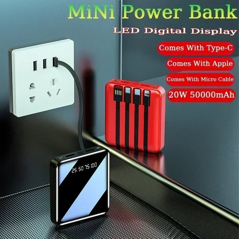 30000mAh Powerbank Mirror Digital Display Screen Built-In Cord Mobile Power Supply Compact External Battery For iphone Samsung