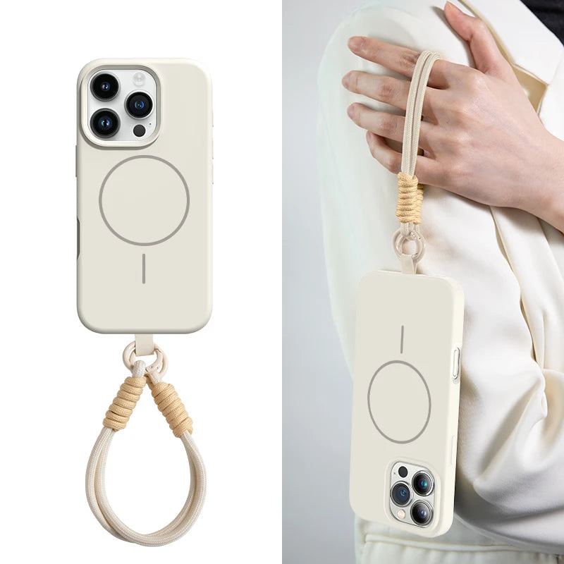 Luxury For Magsafe Magnetic Case For iPhone 15 14 16 Plus 11 12 13 Pro Max 16E Original Liquid Silicone Lanyard Strap Soft