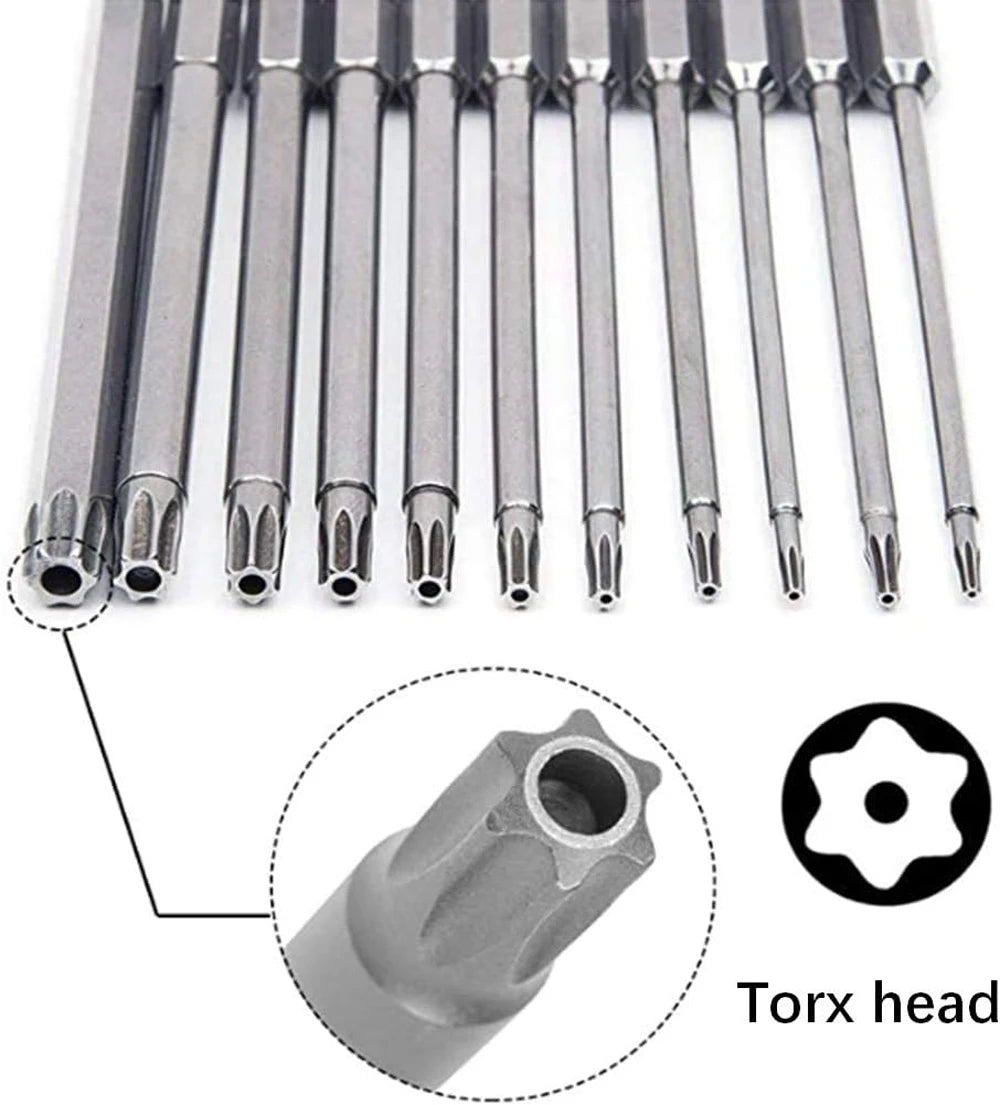 Hex Shank Torx Security Head Screwdriver Drill Set 4 Inch Length S2 Steel Torx Bit Set 11/12pcs Torx Head 1/4 Inch