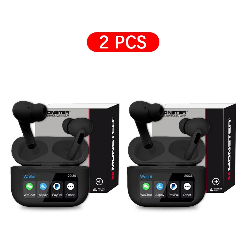 MONSTER Wireless Bluetooth 5.3 Earphones LCD Touch Screen Headphones ANC Noise Reduction Headset Built In HD Mic  Music Earbuds