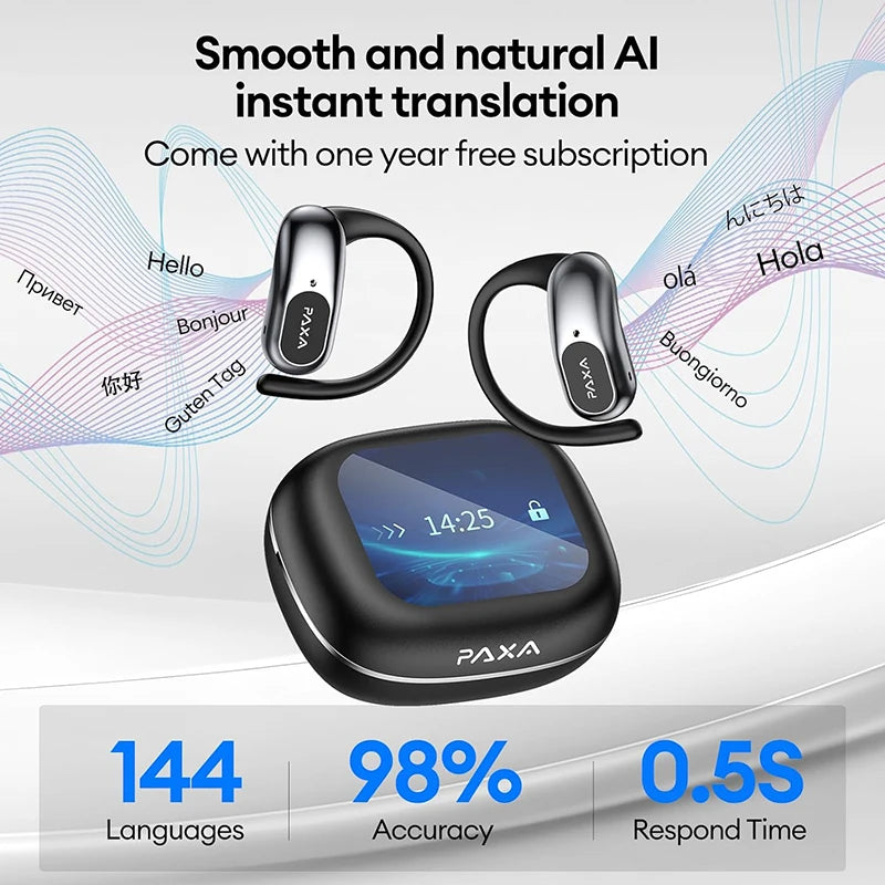 PAXA OpenAirUltra AI OWS Translation Earphones 100+ languages Stereo Touch Display Multi ENC Call AI Chat