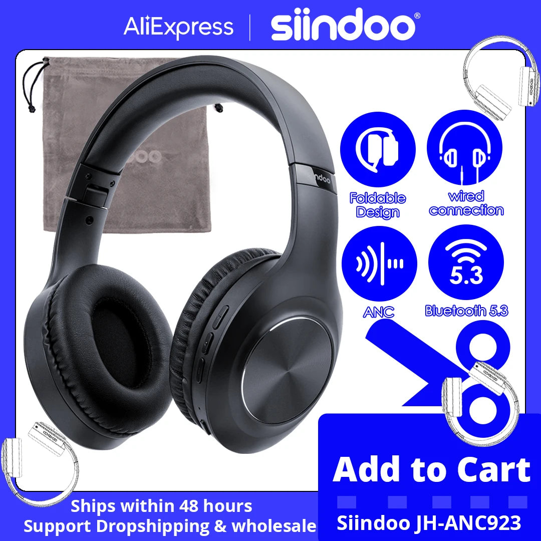 Siindoo JH-ANC923 Active Noise Cancelling Wireless Foldable Over-Bluetooth Headphones With Mic HiFi Stereo Deep Bass