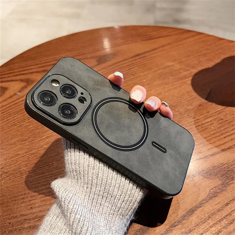 Luxury Wireless Charging Magnetic Cortex Leather Phone Case For iPhone 16 13 12 15 Pro Max 14 Plus 14Pro Shockproof Bumper