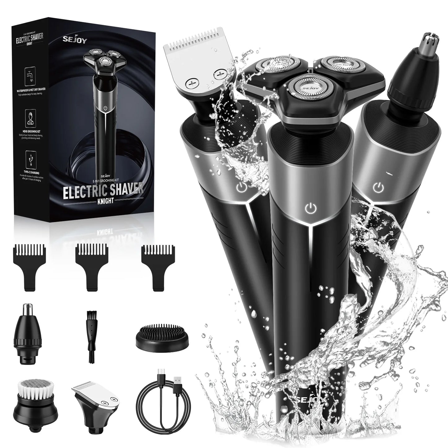 SEJOY 3-in-1 Electric Shaver – Cordless Beard & Nose Hair Trimmer, Waterproof USB Rechargeable