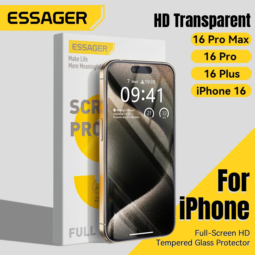 Essager Screen Protector for iPhone 16 15 14 13 Pro Max Plus 2Pcs HD Drop-proof And Dust-proof Tempered Glass Film Transparent