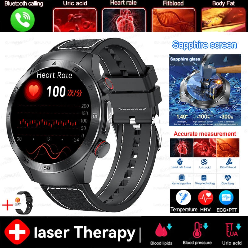 2025 New Non-Invasive Laser Treatment Three High Smart Watch Sapphire screen Blood fat Uric Acid ECG Health Diagnosis
