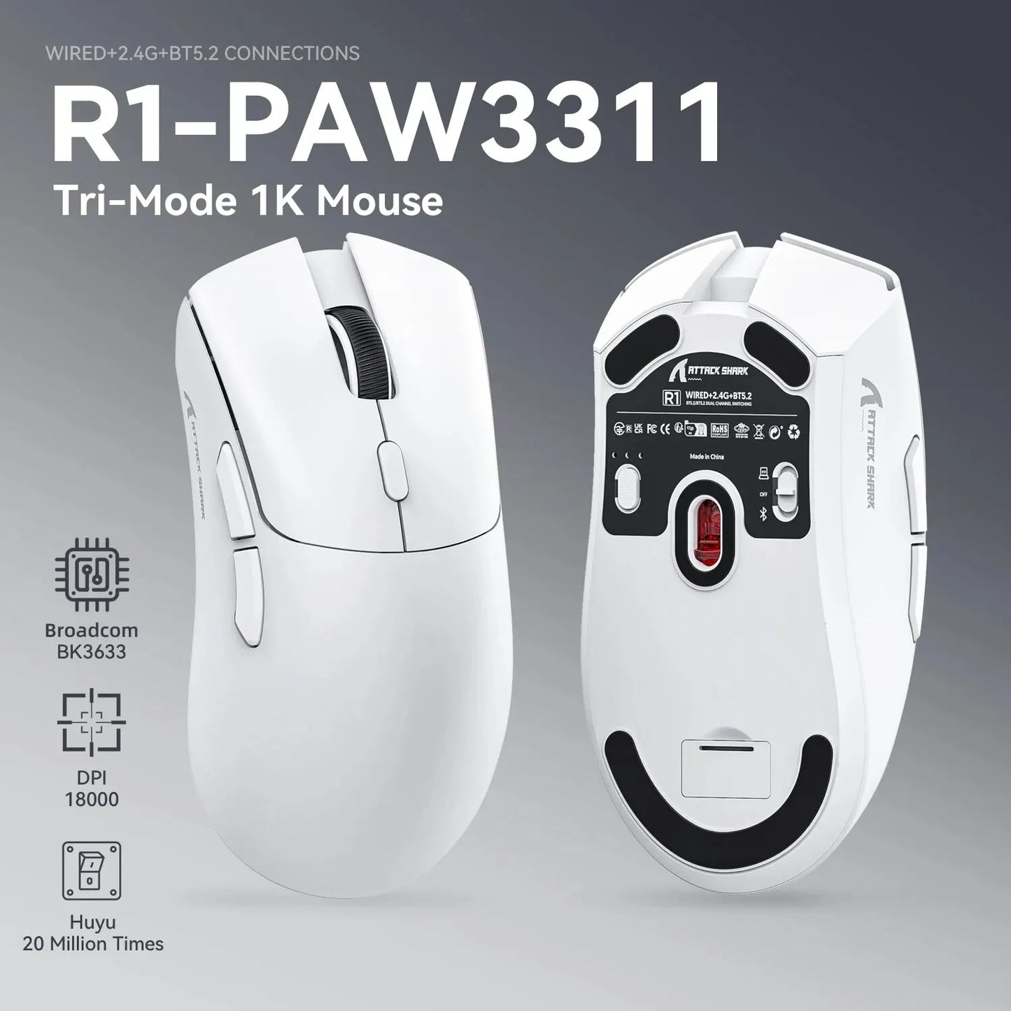 R1 Superlight Bluetooth & 2.4G Wireless Gaming Mouse – PixArt PAW3311 Sensor