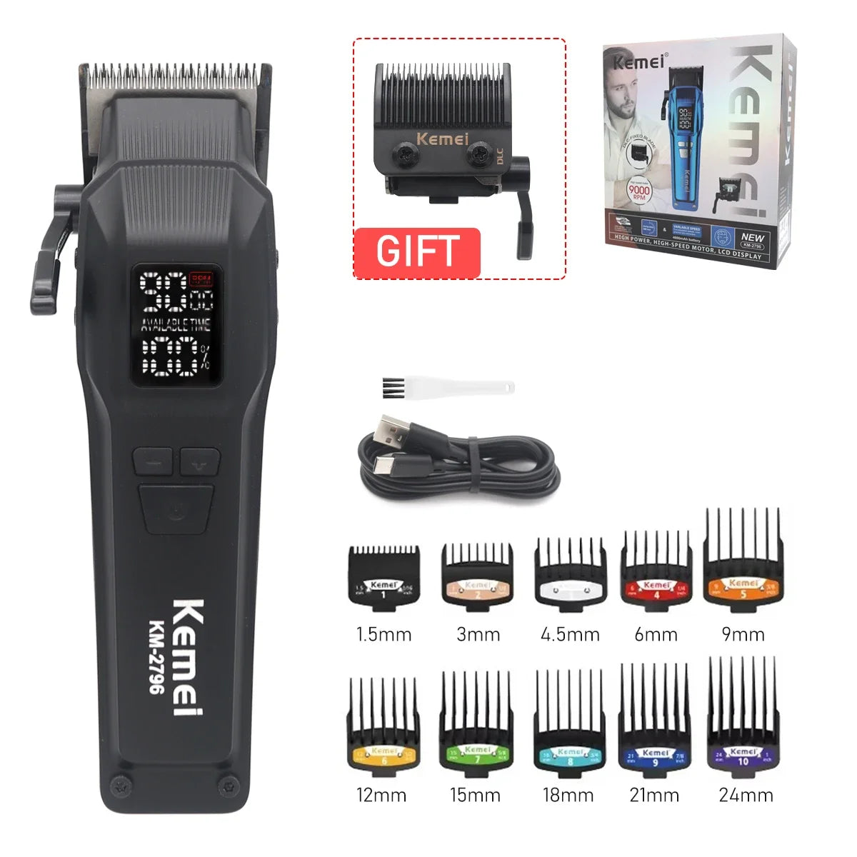 Kemei KM-2796 Professional Hair Clipper – Brushless Motor, DLC Blade, 9000RPM
