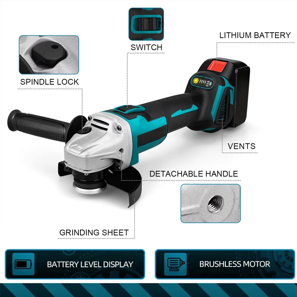 125mm Brushless Angle Grinder Cordless Electric Angle Grinder Power Tool Polishing Cutting Machine for Makita 18V Battery