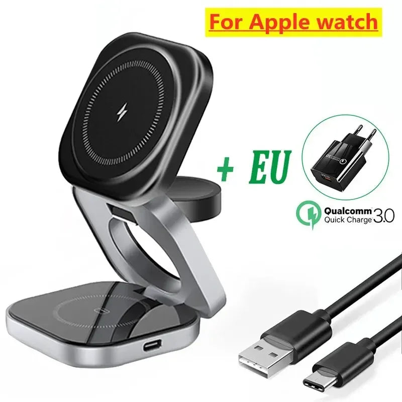3 In 1 Foldable Magnetic Wireless Charger Stand For iPhone 16 15 14 Samsung IWatch AirPods 3/2 Station Dock Fast Charging Holder