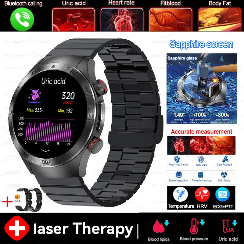 2025 New Non-Invasive Laser Treatment Three High Smart Watch Sapphire screen Blood fat Uric Acid ECG Health Diagnosis