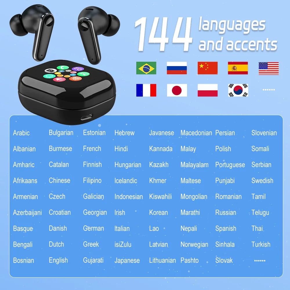 Touch Screen Wireless Headphones 144 Languages Real Time Translation Bluetooth Earphone 6 Mic ANC ENC Cancelling Sports Earbuds