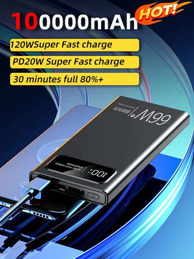 100000mAh 120W large capacity digital display mobile power Super fast charging bank for iPhone Samsung Xiaomi to carry