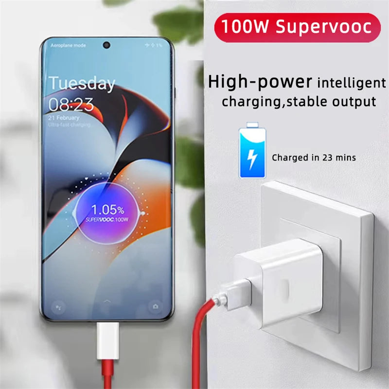100W SuperVOOC USB Fast Charger USB Type-C for Oneplus 13, 12, 11, 10 Pro, 13r, 12r Nord CE 2, 3, 4 Lite, Ace 5 Pro