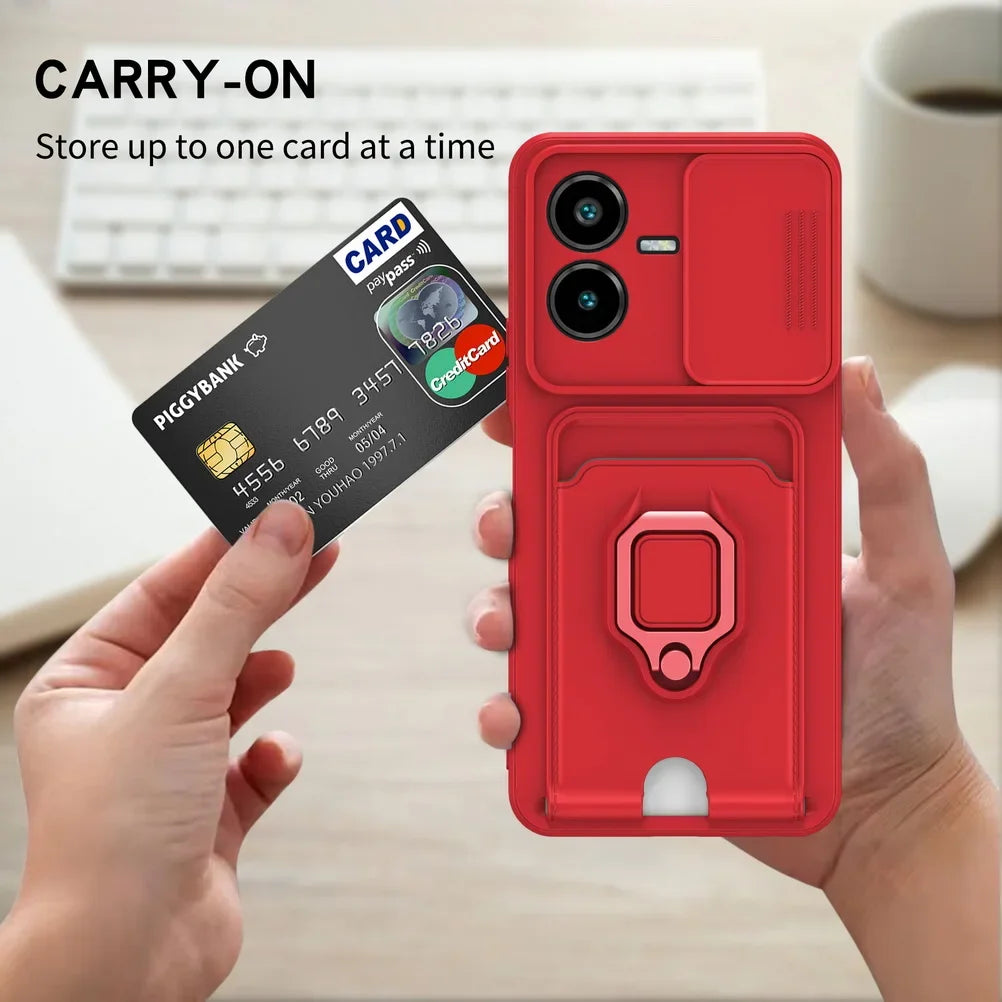 Sliding Camera Protection Case for VIVO Y36 Y27 Y17S Y22S Y35 Y16 Y72 Y53S Y20I Y12S Vehicle Magnetic Bracket Card Wallet Shell