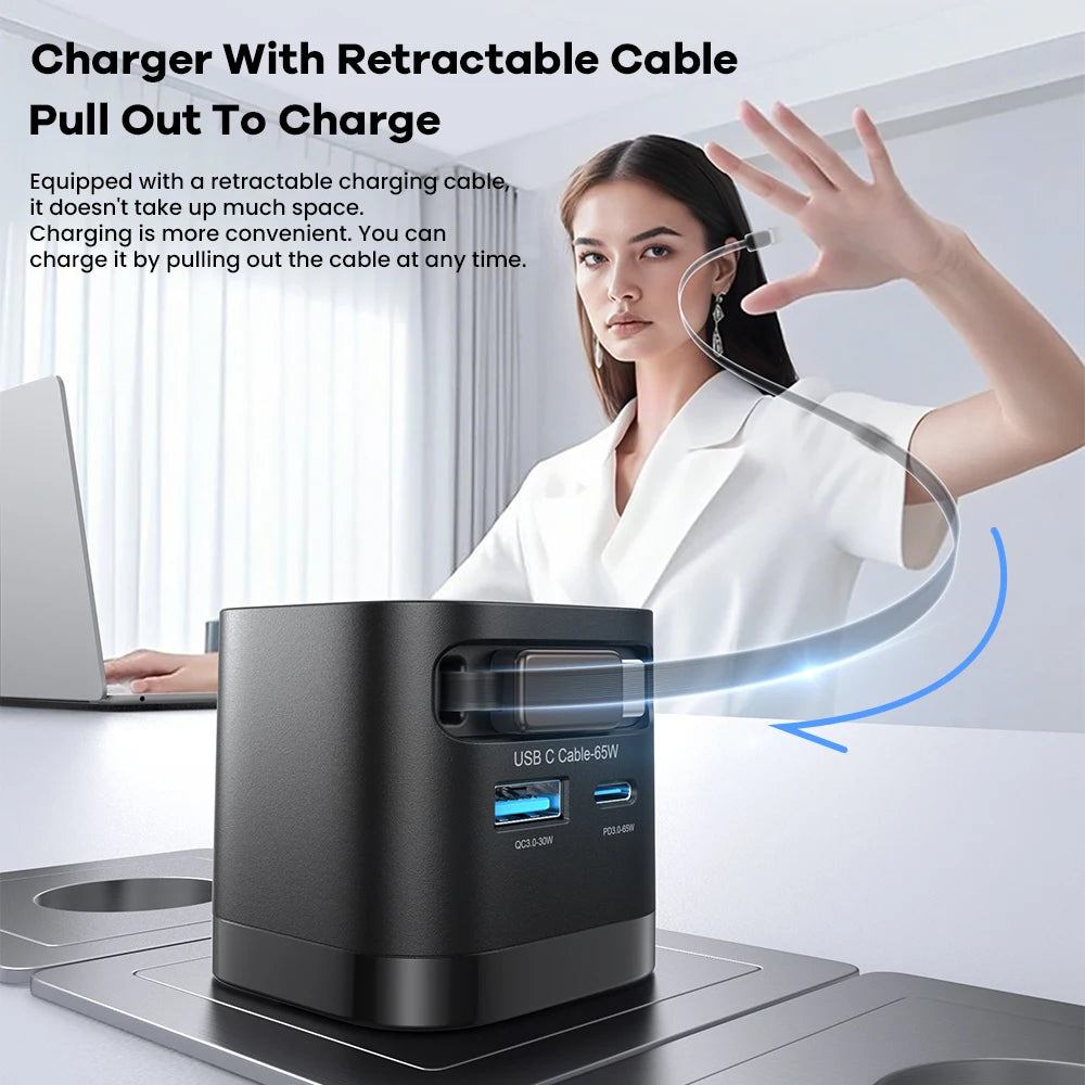 65W GaN USB Charger with Type C Retractable Cable 3 Port QC4.0 PD3.0 PPS for Macbook Laptop iPhone 16 15 14 Xiaomi