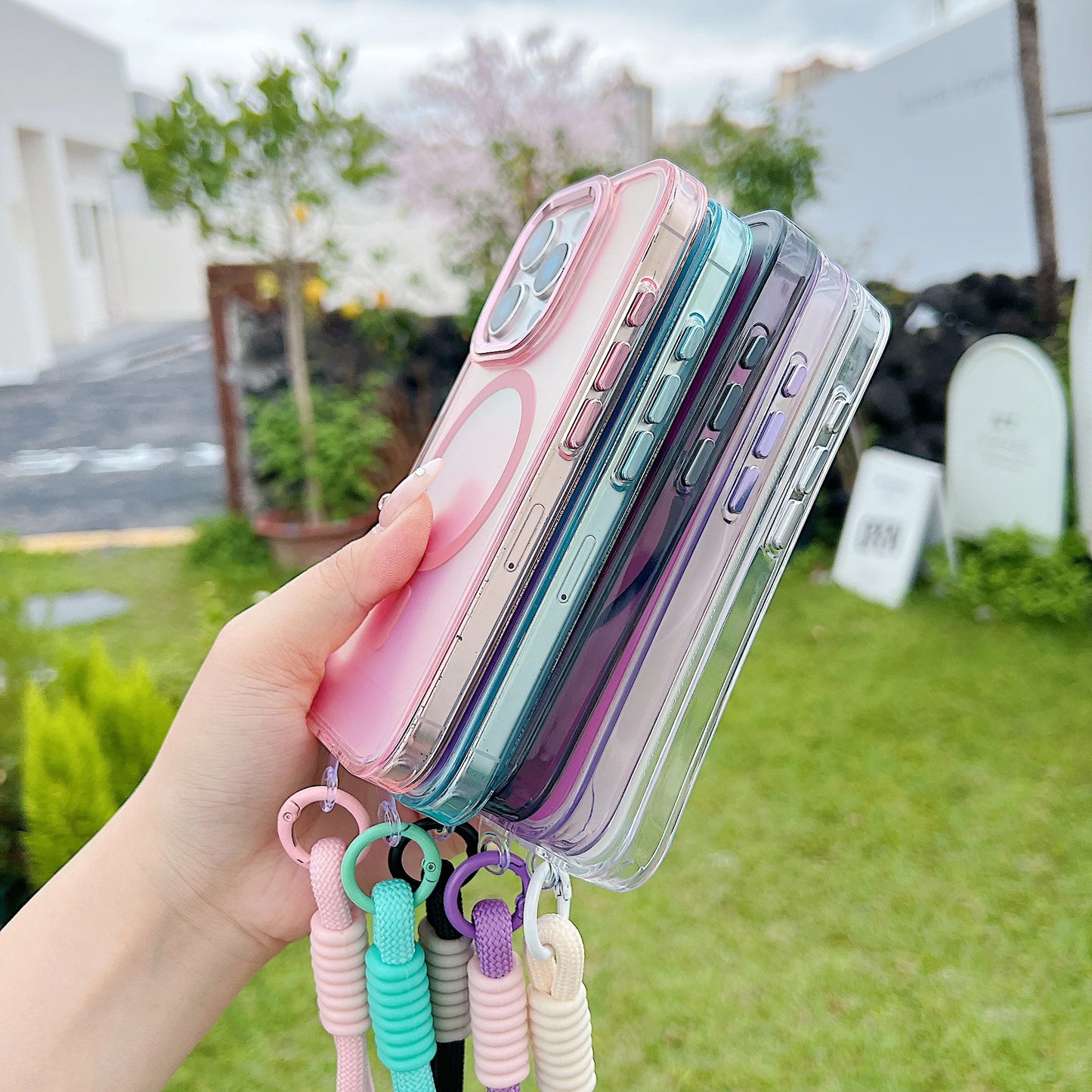 Fashion Laser Gradient Magnetic Lanyard Shockproof Case for iPhone 17 Air 16 15 14 13 11 12 Pro Max Plus E For Magsafe