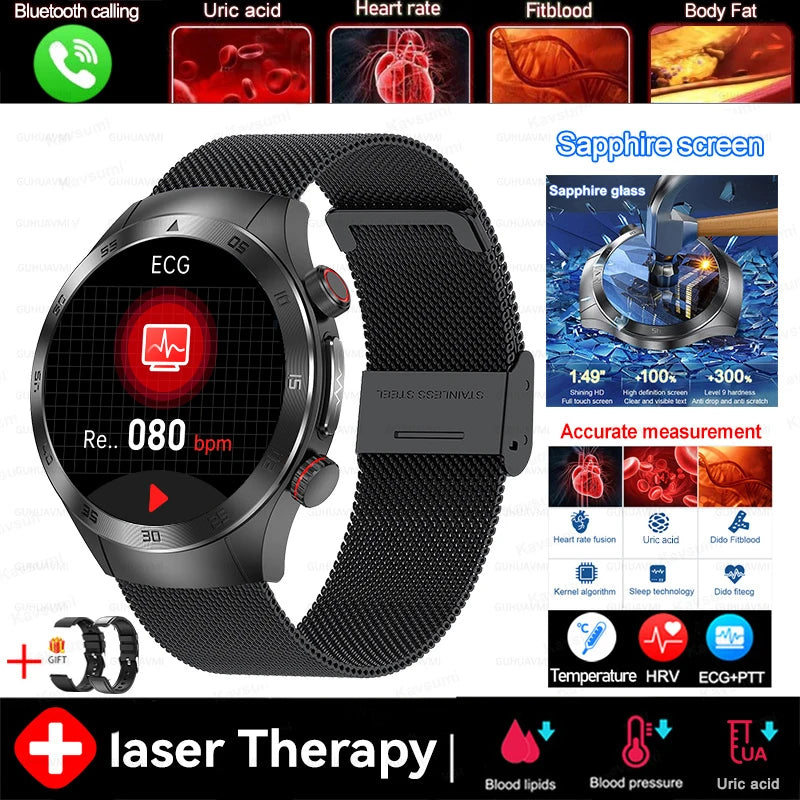 2025 New Non-Invasive Laser Treatment Three High Smart Watch Sapphire screen Blood fat Uric Acid ECG Health Diagnosis
