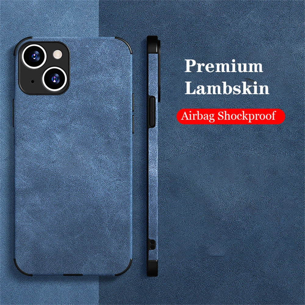 Luxury Shockproof Matte Lambskin Leather Case for iPhone 16 15 14 13 12 11 Pro X XR XS Max 7 8 Plus Soft Fabric Vintage Cover
