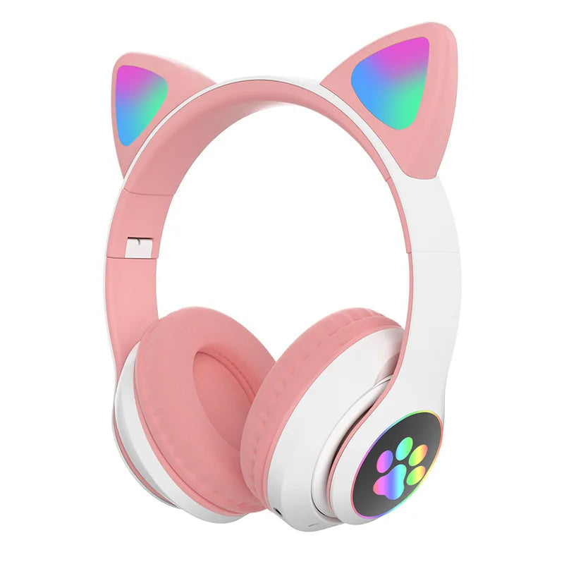 P47M Wireless Headphone Flash Light Cute Cat Bluetooth with Mic Control LED Stereo Music Helmet Phone Bluetooth
