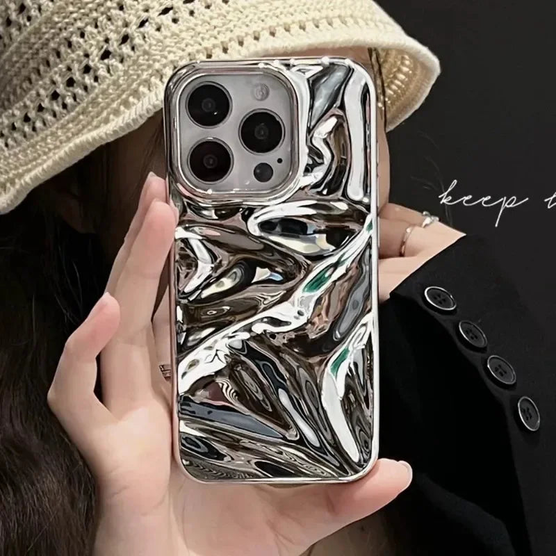 Luxury Electroplate Silvery 3D Wrinkle Phone Case For iphone 17 Air 16 15 14 Plus 13 11 12 Pro Max Water Ripple Shockproof Cover