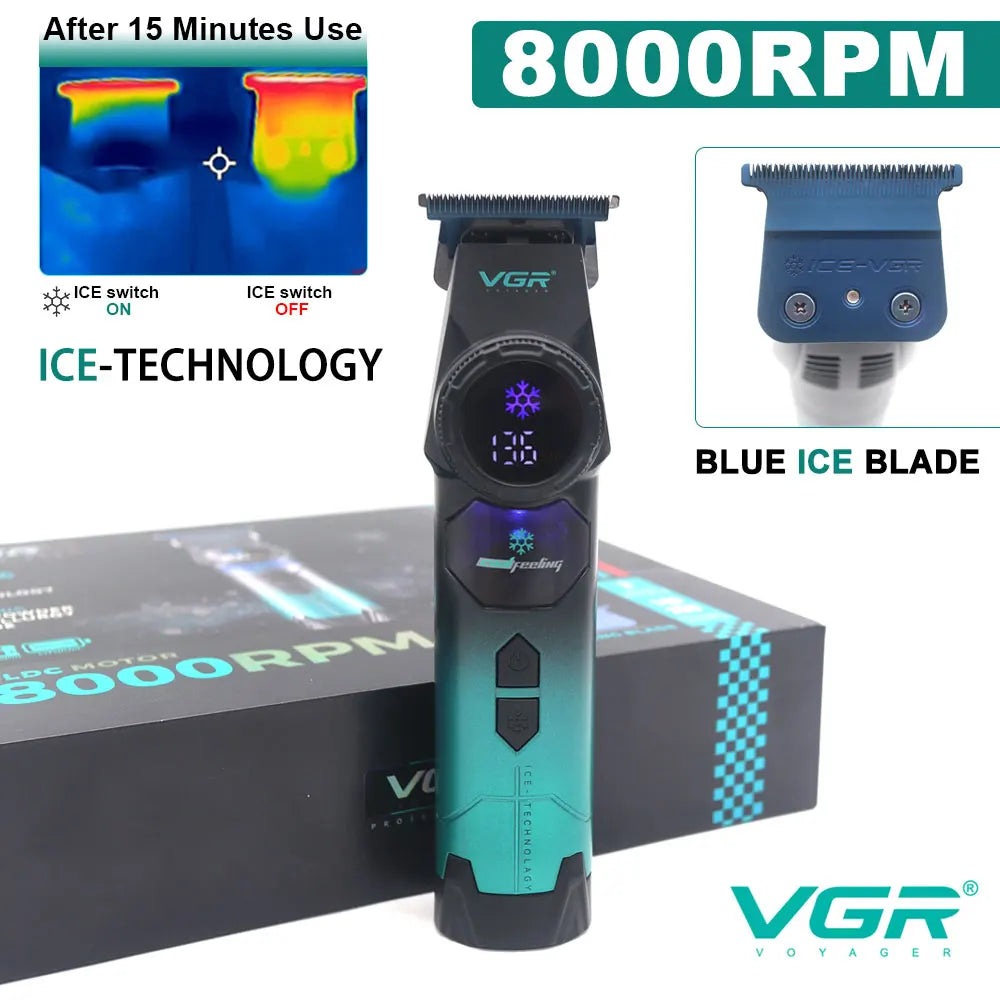 VGR V-946 Professional Hair Trimmer – Ice Tech DLC Blade, 0 Gap, 8000RPM, Blue Ceramic