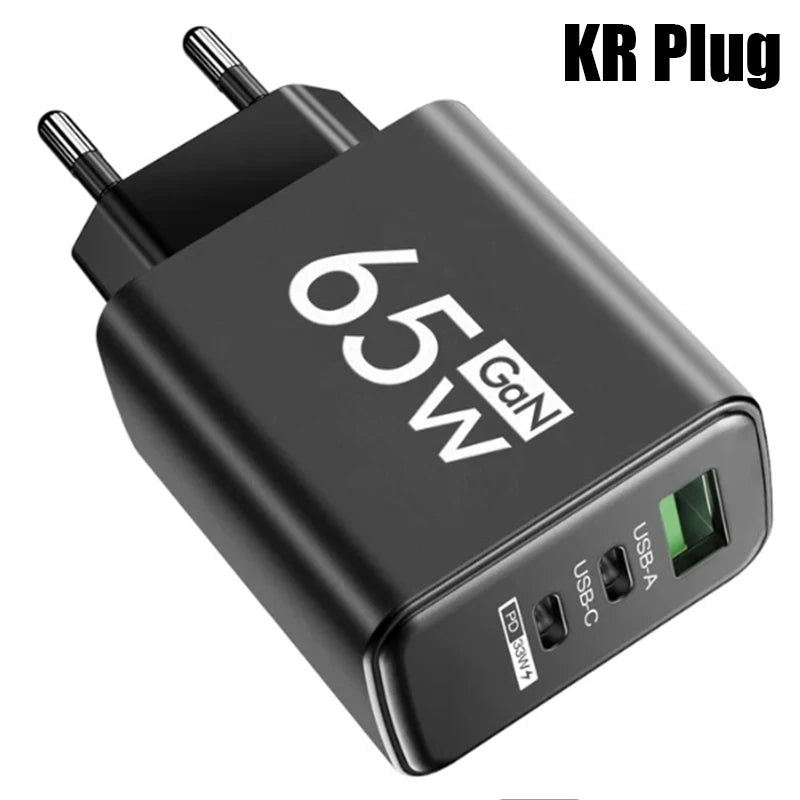 GaN Fast Charging 65W USB Type C EU KR PD 3.0 Quick Wall For Phone For iPhone 15 Xiaomi Huawei Samsung
