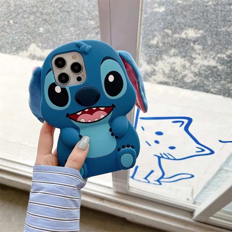 For iPhone 16 promax 15 14 Pro Max 13 12 11 Cases So Cute 3D Cartoon Stitch Phone Case Soft Silicone Fur Plush Ear Strap
