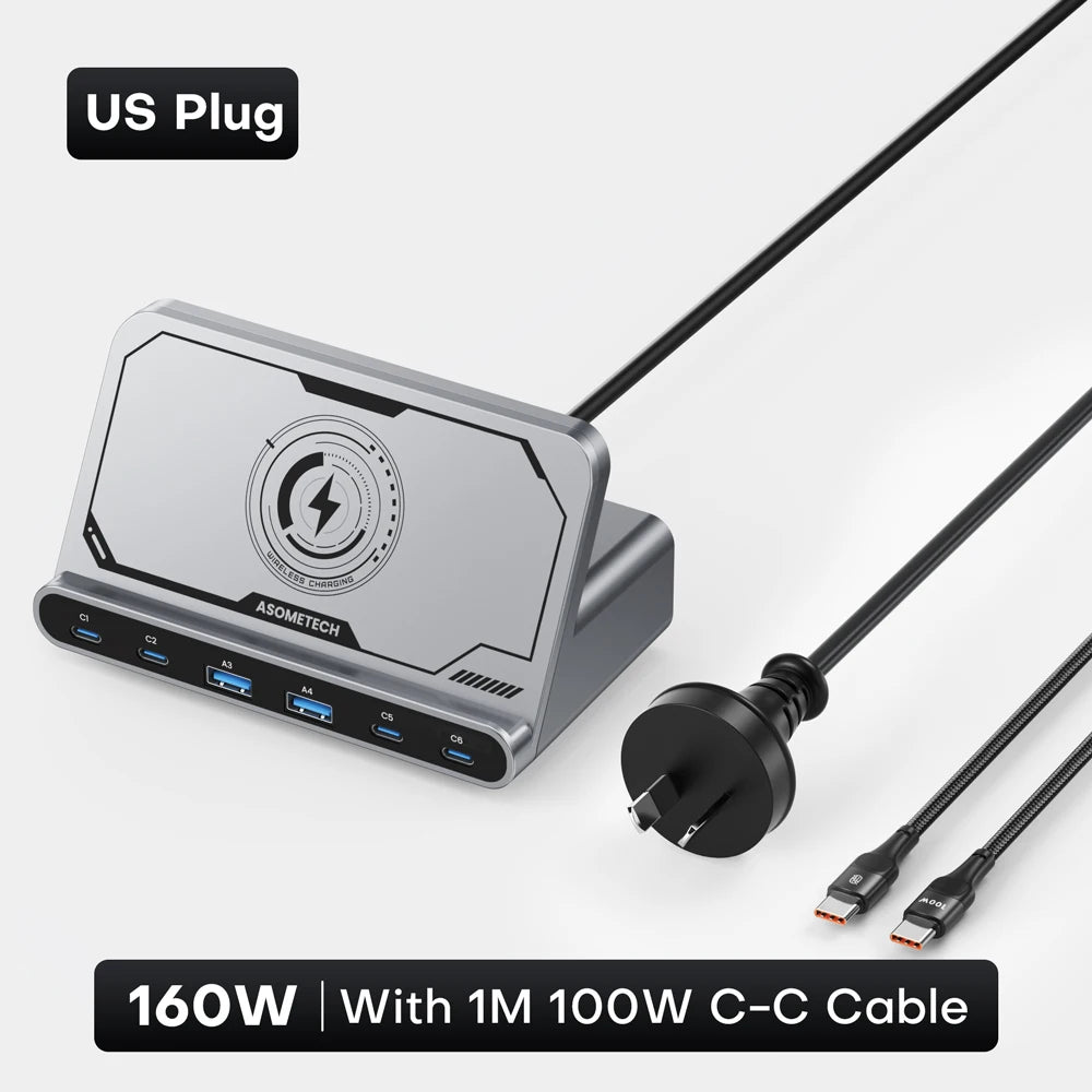 ASOMETECH 160W USB FastCharging Station 7 in 1 Wireless65W 45W PPS PD Type C  For Macbook iPad iPhone 16 Samsung