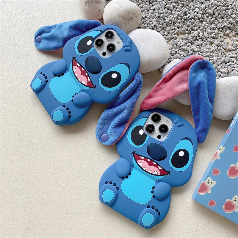 For iPhone 16 promax 15 14 Pro Max 13 12 11 Cases So Cute 3D Cartoon Stitch Phone Case Soft Silicone Fur Plush Ear Strap