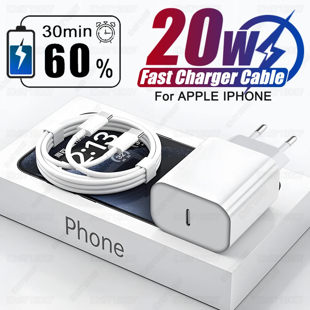 US EU Adapter 20W PD Fast Charger For iPhone 13 12 11 14 15 16 Pro Max Plus Fast USB C Type C Cable Accessories