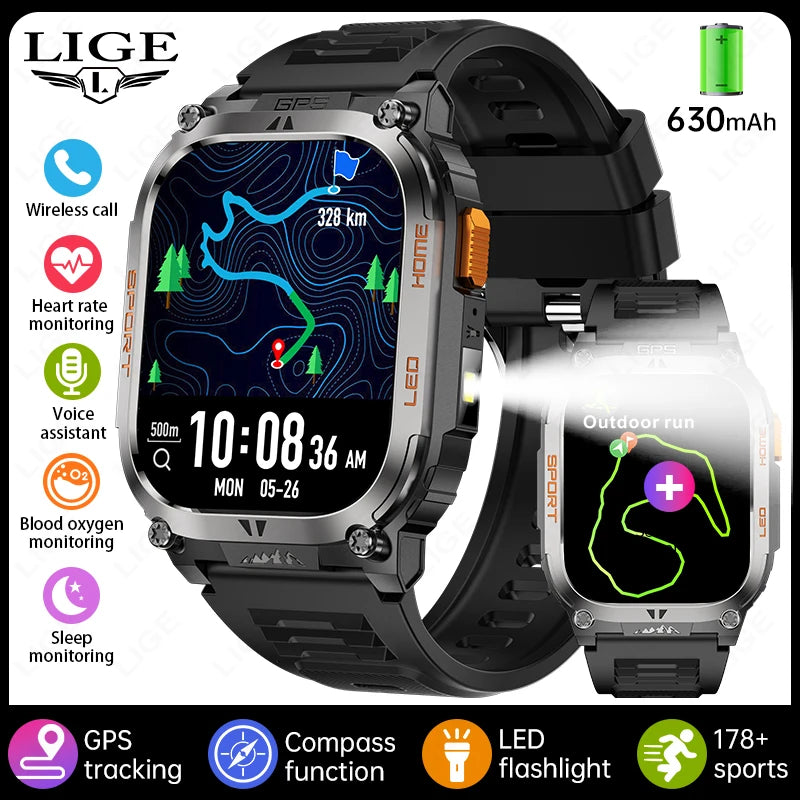 2025 New Men Smart Watch Built-in GPS Compass Outdoor 630mah Large Battery Sports Positioning Flashlight