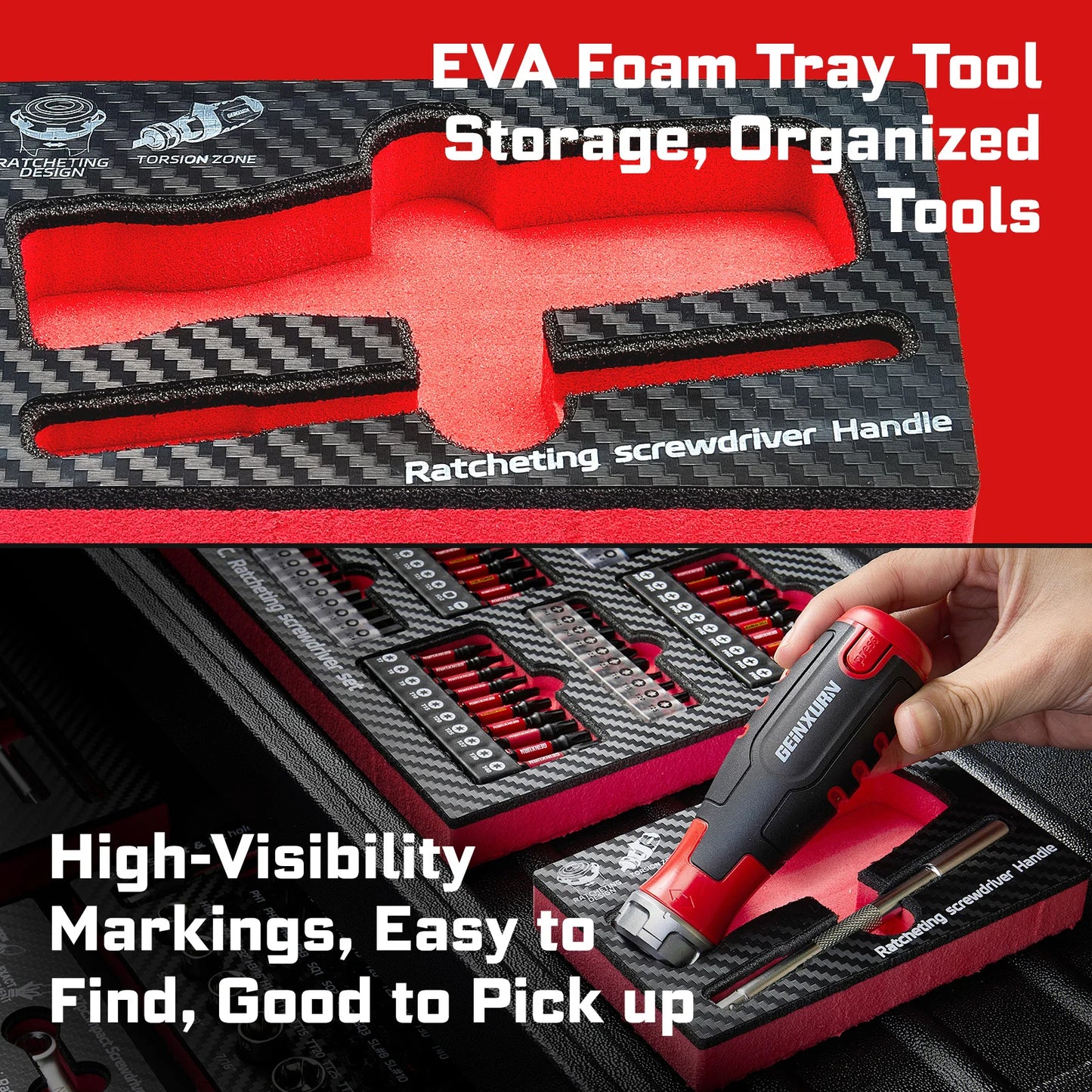 GEINXURN 1-Piece Ratcheting Screwdriver Handle, 12-in-1 Magnetic , Quick-Load,with Eva Foam Storage Tray
