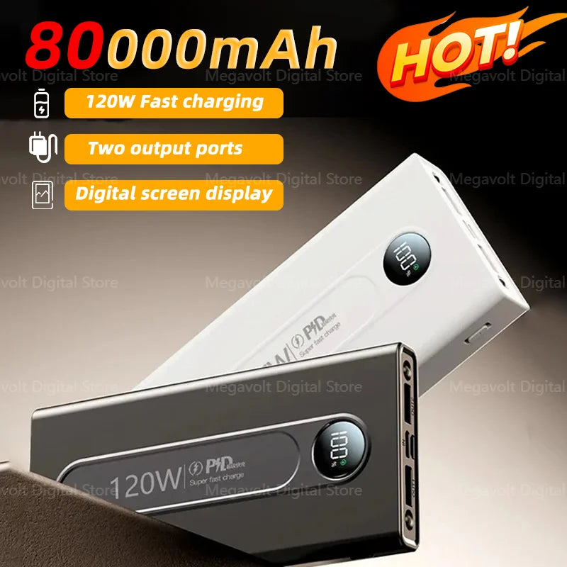 120W 80000mAh large capacity portable super fast power bank LED digital display  charging mobile for Iphone Xiaomi Samsung